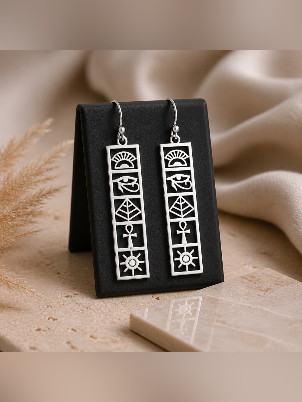 Silver Egyptian Hieroglyphic Symbols Drop Earrings - Hypoallergenic hooks